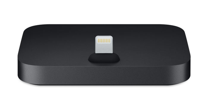 A black rectangular dock with rounded corners and a Lightning connector in the center, shown on a plain white background.