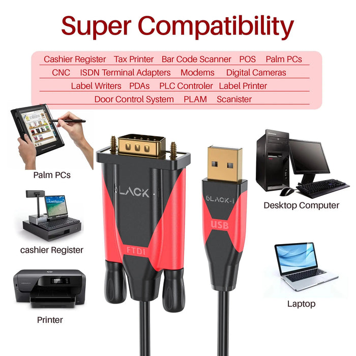 Black-i USB 2.0 to RS232 Male FTDI Cable 1.5 Meter