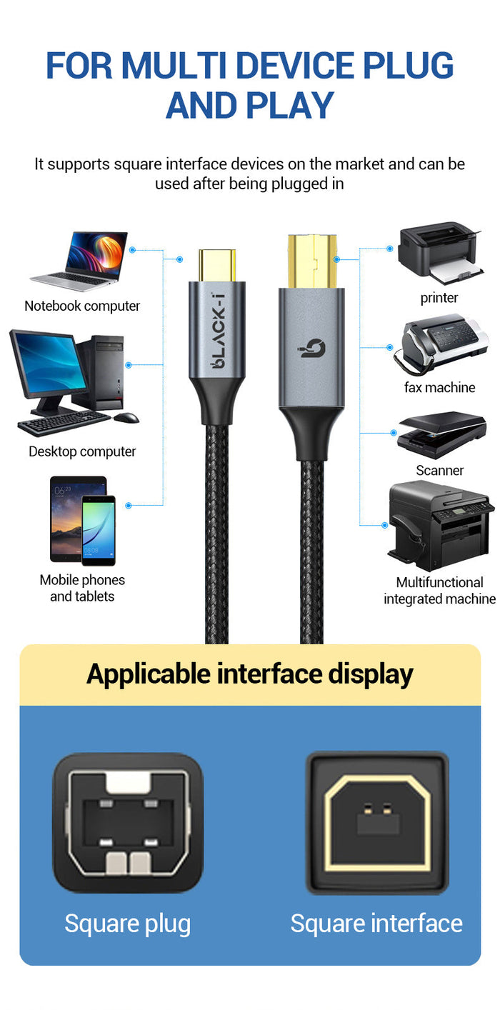 Black-i USB-C to Printer Cable 1.8 Meter