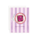 Greeting card with toast illustration and purple striped background