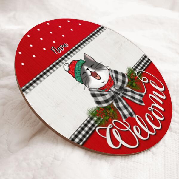 Christmas Cat Welcome Door Sign, Gift For Cat Lovers, Black Plaid Bow Home Sweet Home Signs , Cat Mom Gifts