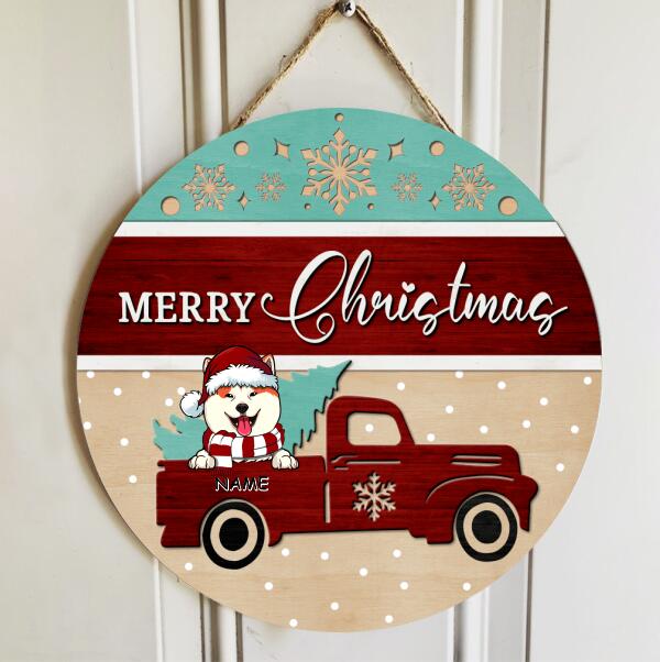 Christmas Dog Welcome Door Sign, Gift For Dog Lovers, Red Truck & Pine Tree Custom Wooden Signs , Dog Mom Gifts