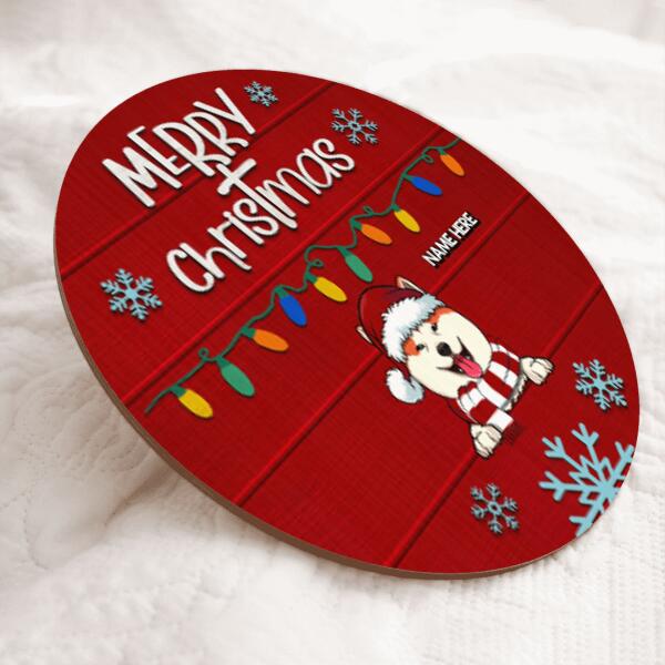 Christmas Door Decorations, Gifts For Dog Lovers, Merry Christmas String Lights Red Background Welcome Door Signs , Dog Mom Gifts