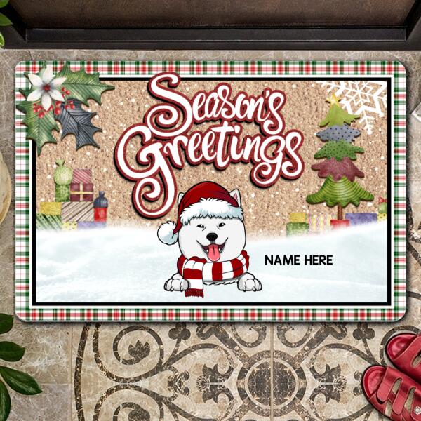 Christmas Personalized Doormat, Gifts For Dog Lovers, Season's Greetings Green Red Plaid Holiday Doormat