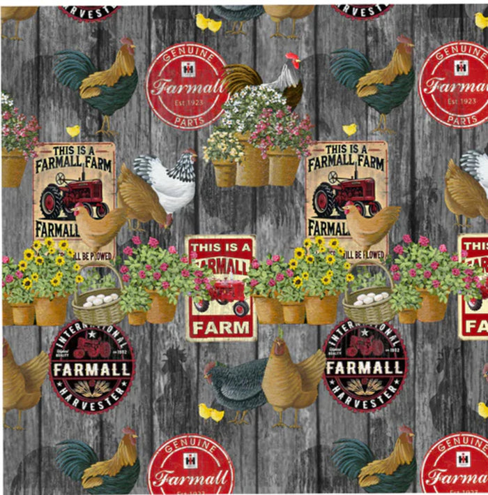 Curtain Valance - Farmall Chickens & Logos Plank Gray Cotton