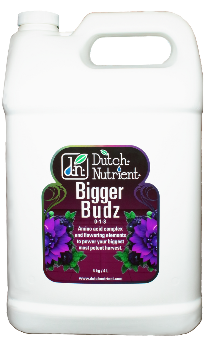 Dutch Nutrients Bigger Budz fertilizer container on a white background