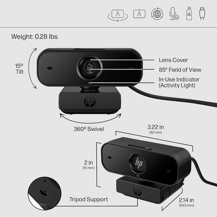 HP 430 FHD Webcam - USB, Plug & Play External Camera with Dual Mics & Privacy Shutter