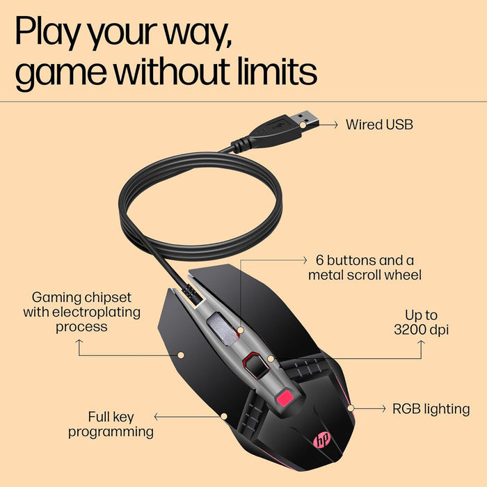 HP M270 3200DPI USB Wired Optical RGB Backlit Gaming Mouse - Black