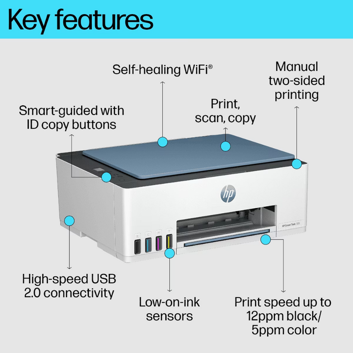 HP Smart Tank 525 (1F3W3A) – All-in-One Ink Tank Printer, Copy/Scan/Print, 4000 Pages Black & 6000 Pages Color Yield, USB, 1 Year Warranty