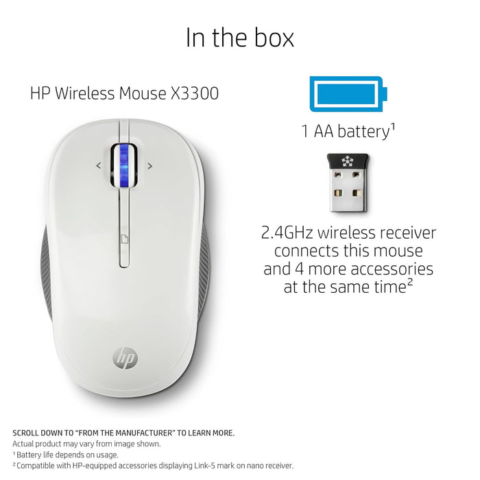HP X3300 1600DPI 2.4GHz Optical Wireless Ambidextrous Mouse - White