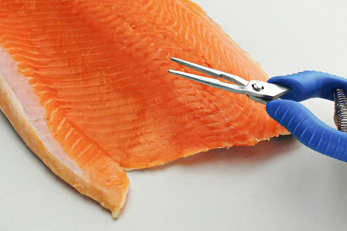 Salmon fillet being trimmed with blue-handled Straight Fish Bone Pliers on a white background
