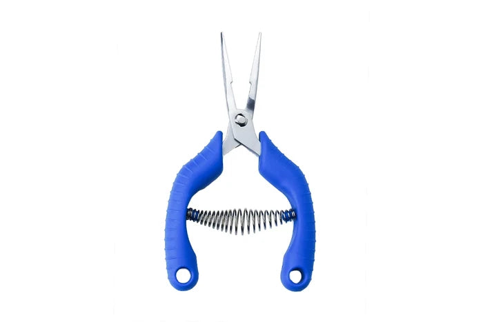 Pair of blue-handled Straight Fish Bone Pliers with a spring on a white background.