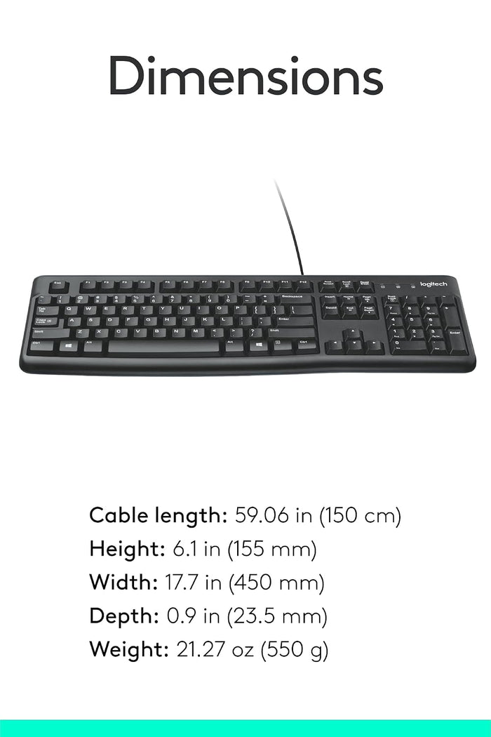 A black computer keyboard shown on a white background with a cable, under the heading 'Dimensions,' with printed measurements for cable length, height, width, depth, and weight below.