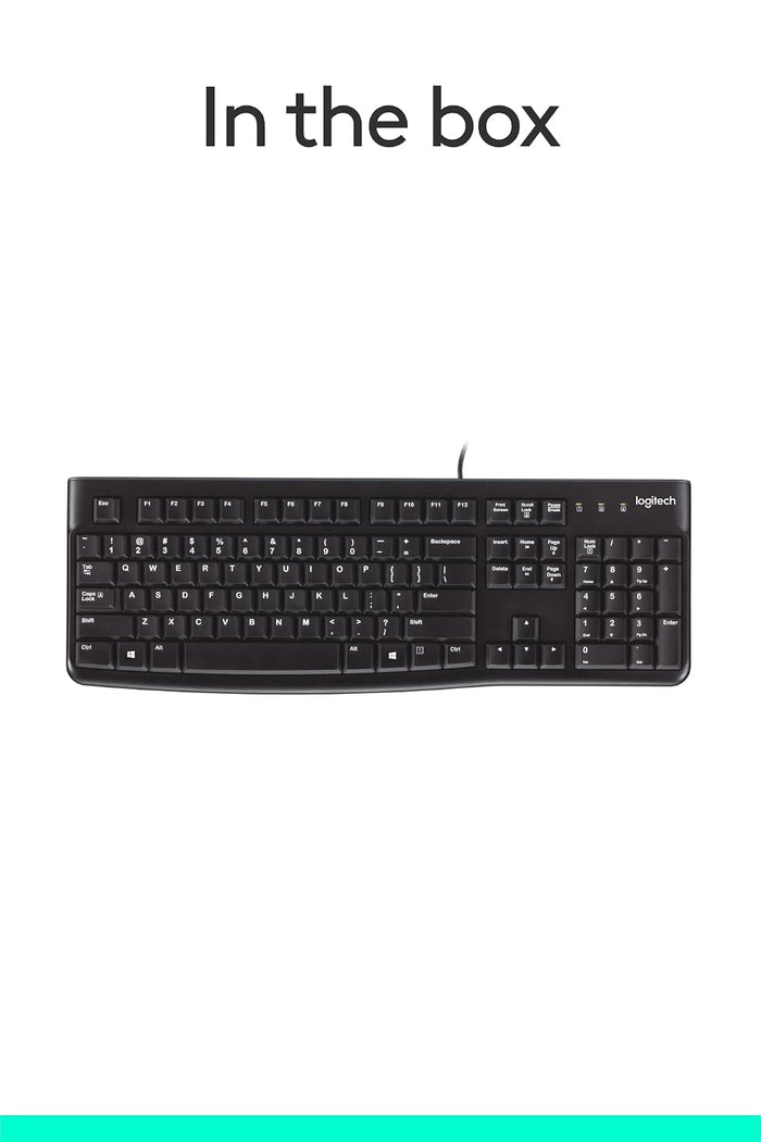 A Logitech keyboard shown on a white background with the text 'In the box' above it. The image appears to be a packaging/included-item graphic rather than a standard product hero shot, but it still shows the product itself rather than a chart, swatch, or instruction diagram.