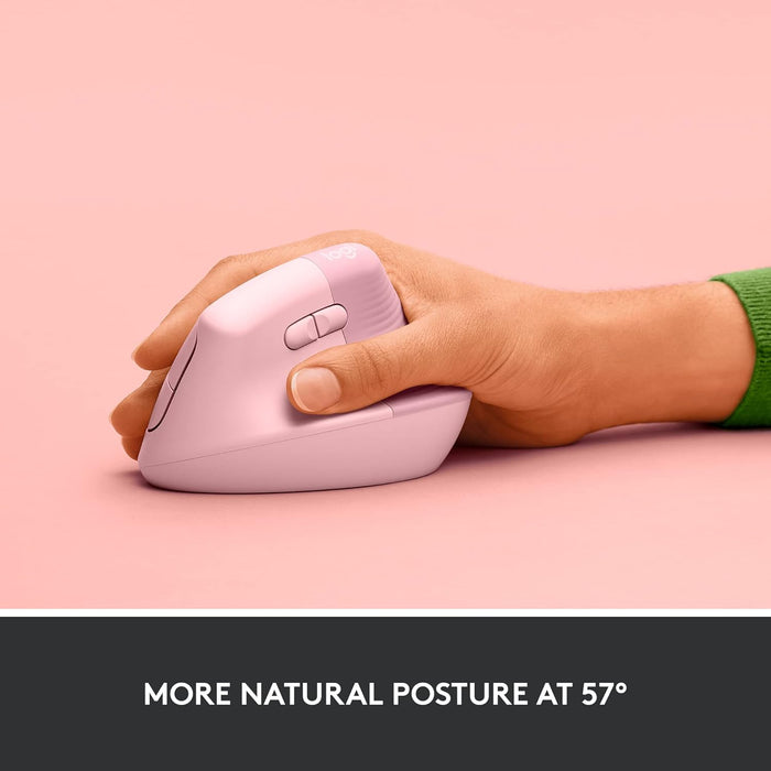 Hand using a pink ergonomic mouse on a pink background with text 'More natural posture at 57°'.