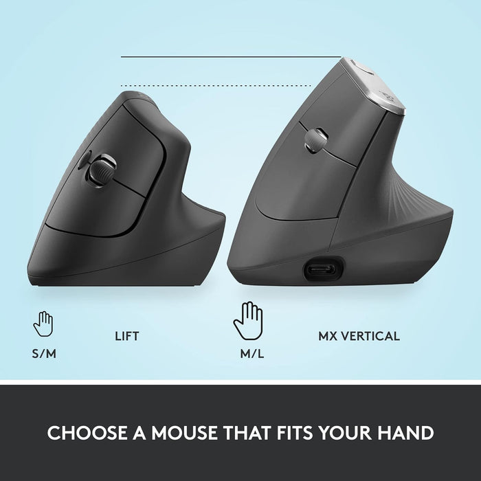 Two ergonomic mouse models on a light blue background with text indicating size and model details.