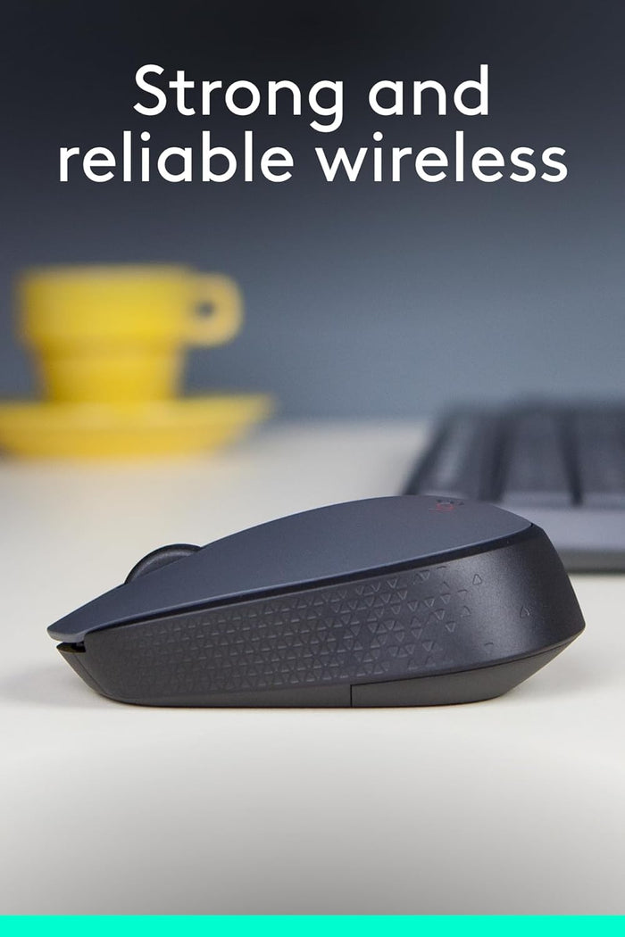 Black wireless mouse on a desk with text 'Strong and reliable wireless' in the background.