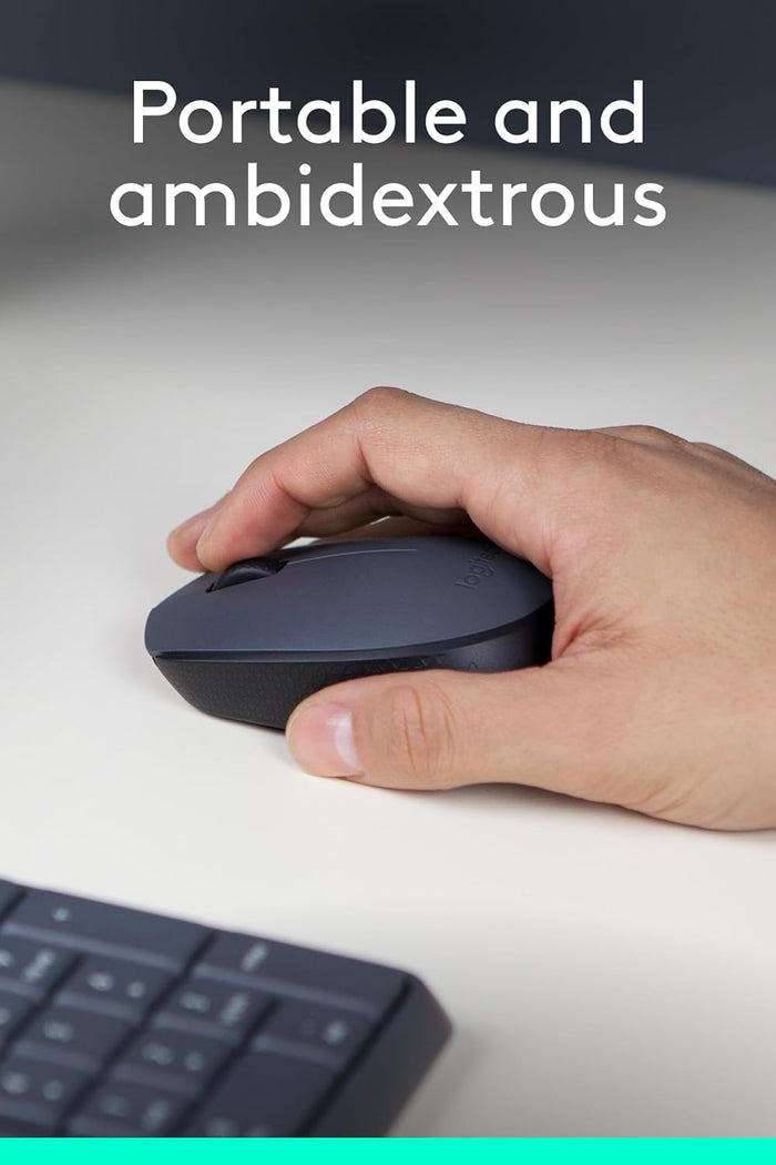 Hand using a wireless mouse with text 'Portable and ambidextrous' on a desk.