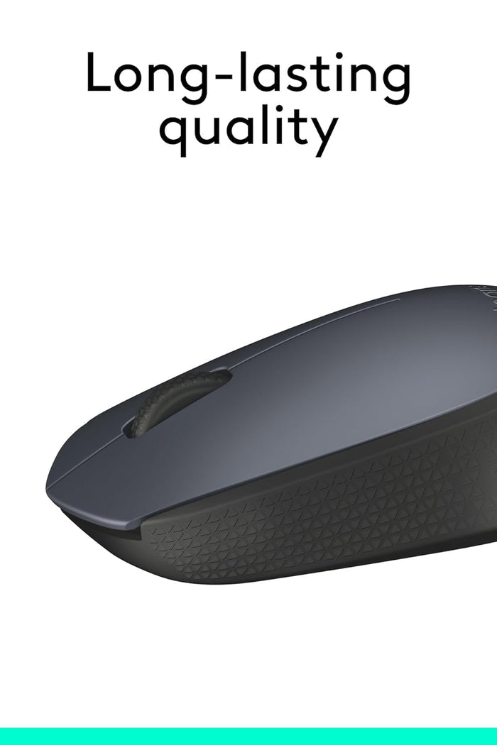 Black computer mouse with 'Long-lasting quality' text on a white background
