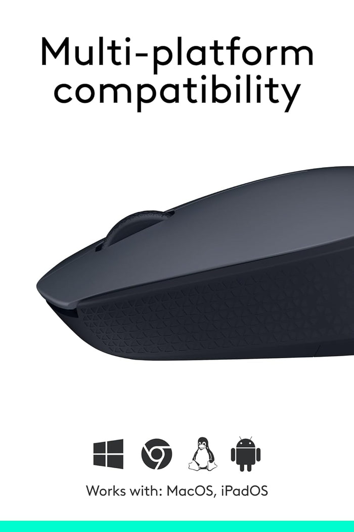 Black computer mouse with text about multi-platform compatibility on a white background