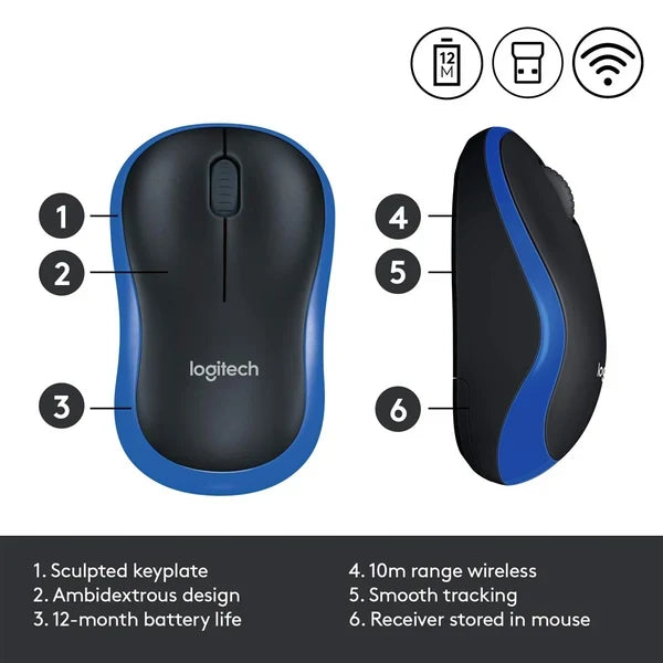 Logitech wireless mouse with features labeled on a white background
