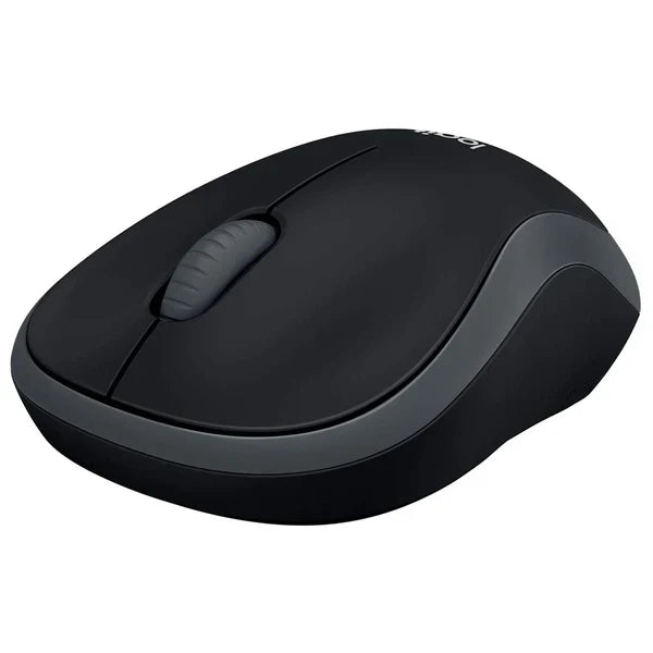 A black and dark gray wireless computer mouse on a solid white background.