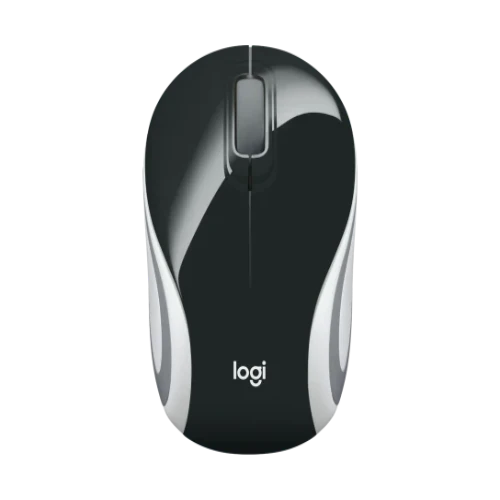 Black and silver Logitech wireless mouse on a white background