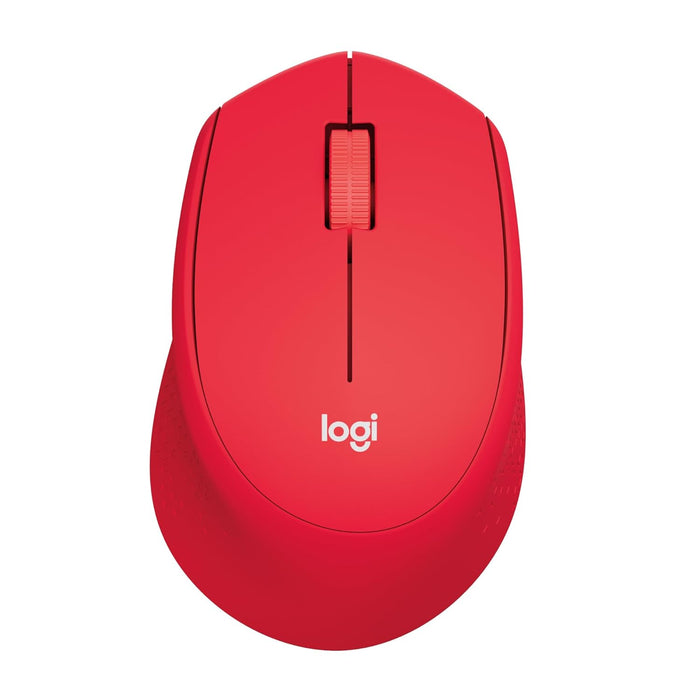 Red computer mouse with Logitech logo on a white background