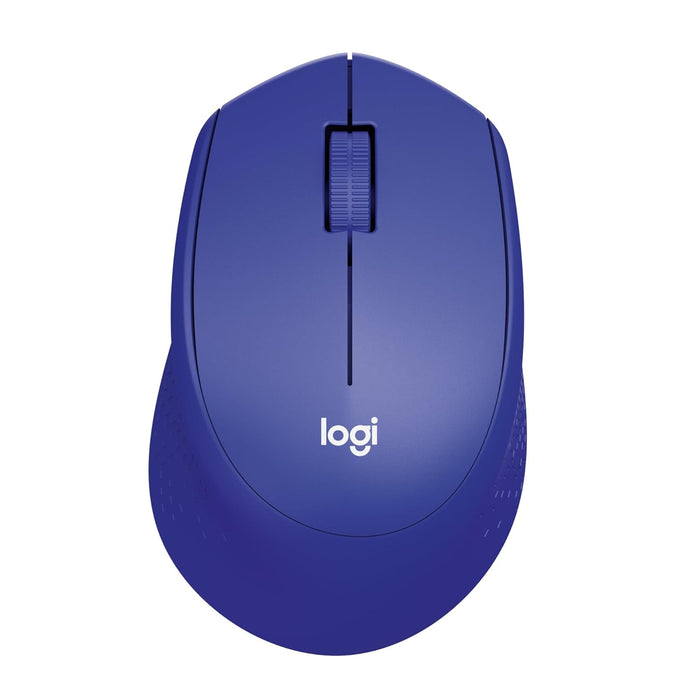 Blue computer mouse with 'logi' branding on a white background
