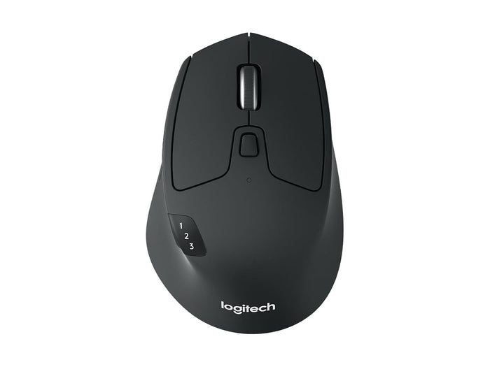 Black Logitech mouse on a white background