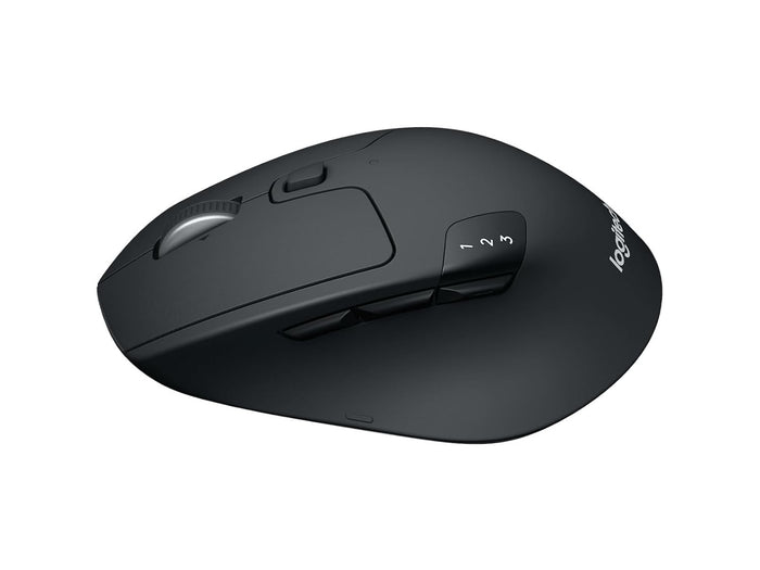 A Logitech wireless computer mouse in matte black, featuring a left and right scroll wheel, shown from a three-quarters perspective on a solid white background.