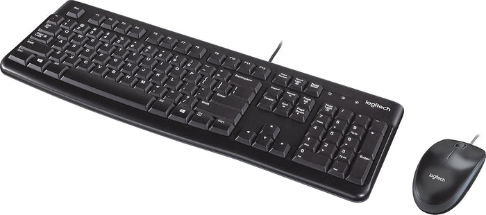 Logitech black wired keyboard and mouse computer setup on a white background.