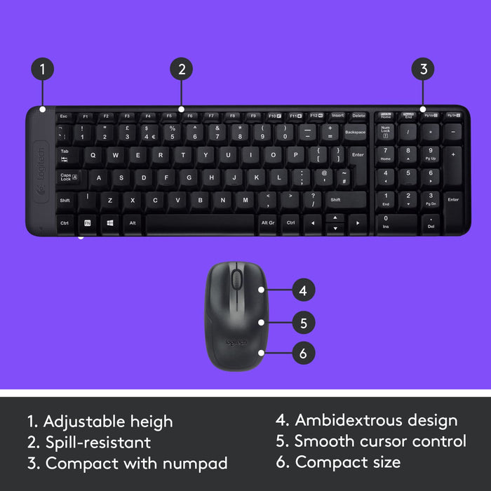 Black keyboard and mouse set with features labeled on a purple background
