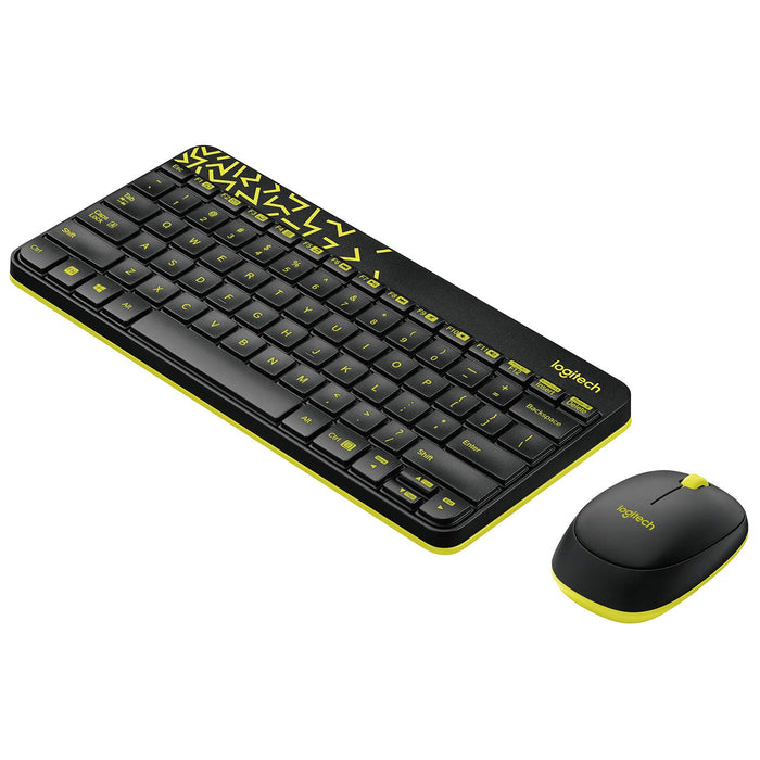 Black and yellow Logitech keyboard and mouse set on a white background