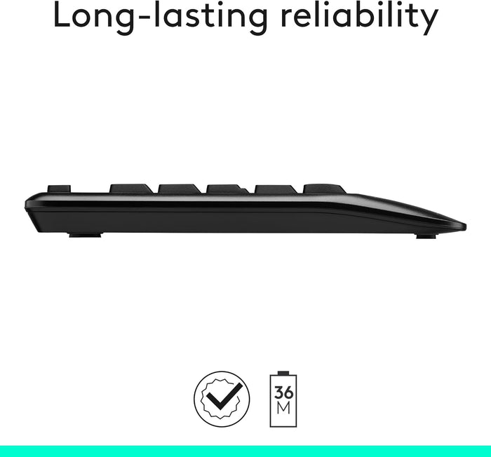 Black keyboard with 'Long-lasting reliability' text and icons on a white background