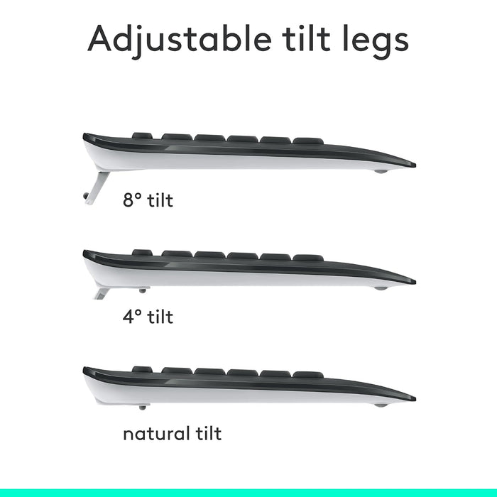 Three views of a keyboard with adjustable tilt legs on a white background, labeled 8° tilt, 4° tilt, and natural tilt.