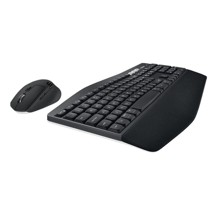 Black ergonomic keyboard and mouse set on a white background