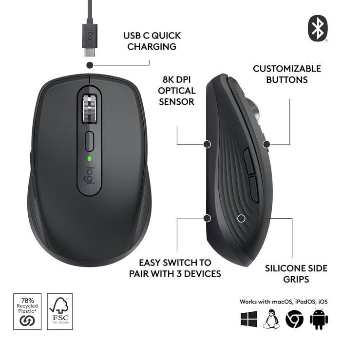 Black mouse with features labeled on a white background