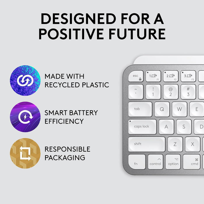 Keyboard with sustainability features on a gray background