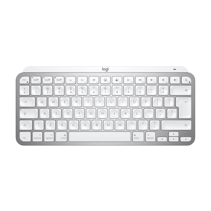 Logitech wireless keyboard in white and silver, shown from a top-down view on a solid white background.