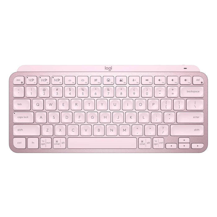A Logitech wireless keyboard in a light pastel pink color, shown from a top-down perspective on a solid white background.