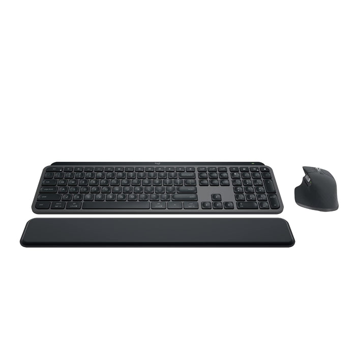 Black keyboard with wrist rest and mouse on a white background