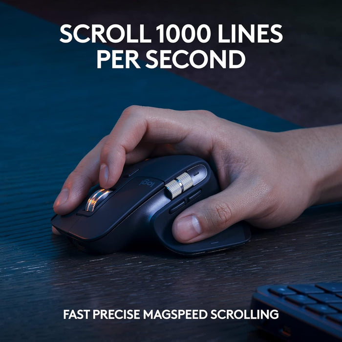 Hand using a computer mouse with text highlighting fast precise magspeed scrolling capabilities.