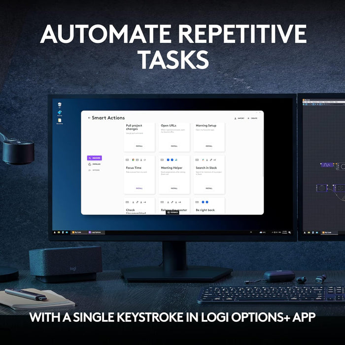 Computer monitor displaying software interface with text about automating tasks using a single keystroke.