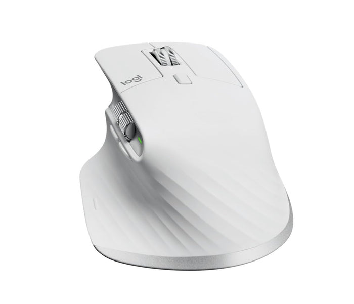 A white Logitech wireless mouse with a sculpted ergonomic design, featuring textured grip lines and a silver scroll wheel, shown on a solid white background.