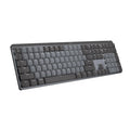 A full-size mechanical keyboard with a dark gray and black keycap layout, shown at an angle on a plain white background.