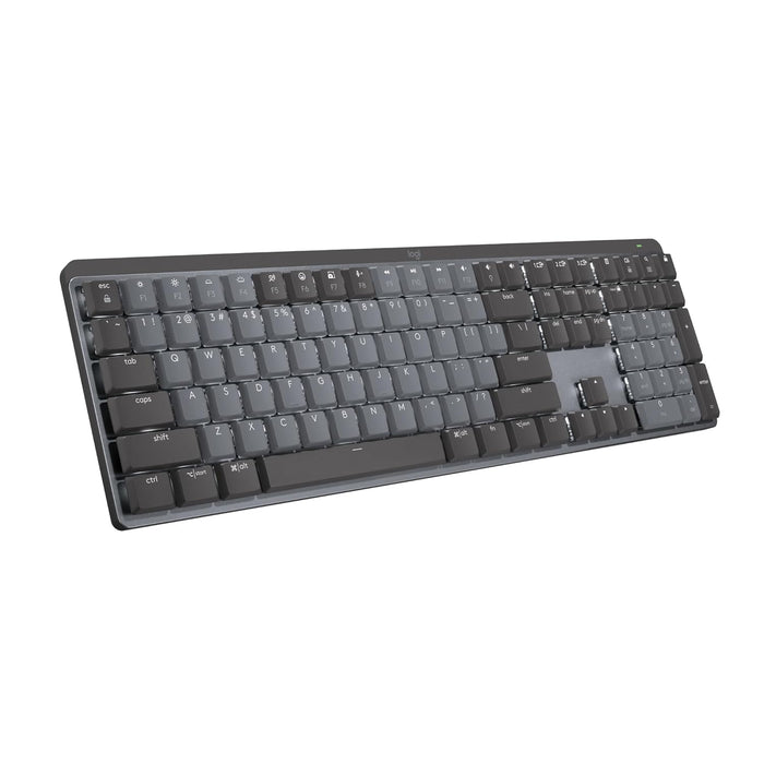 A full-size mechanical keyboard with a dark gray and black keycap layout, shown at an angle on a plain white background.