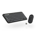Black wireless keyboard and mouse set on a white background