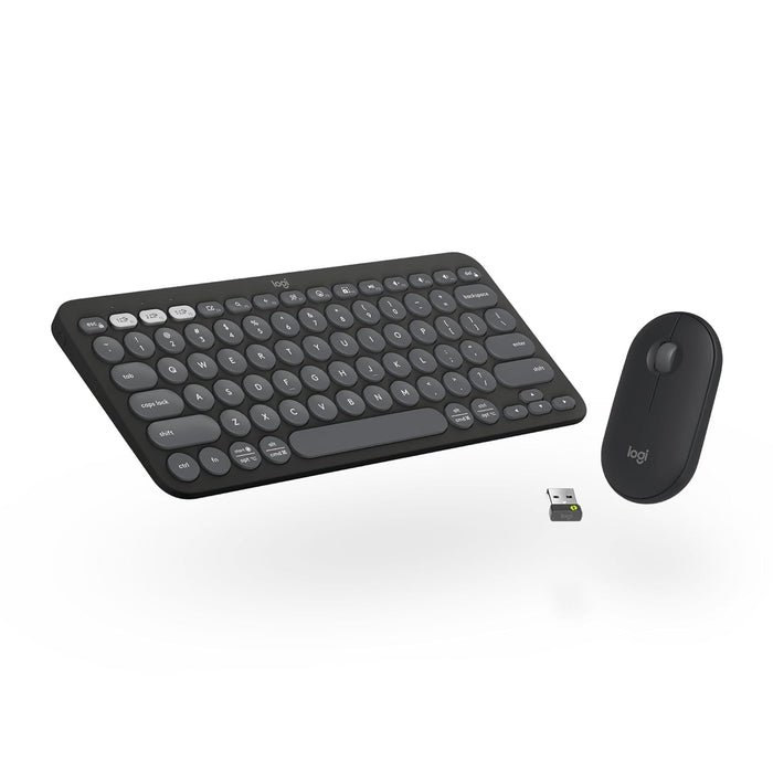 Black wireless keyboard and mouse set on a white background