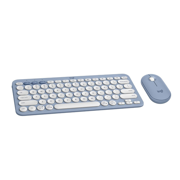 Blue and white keyboard and mouse set on a white background